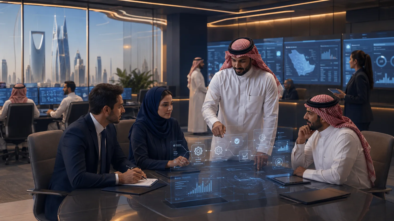 Saudi enterprise team reviewing AI automation workflows in a control room