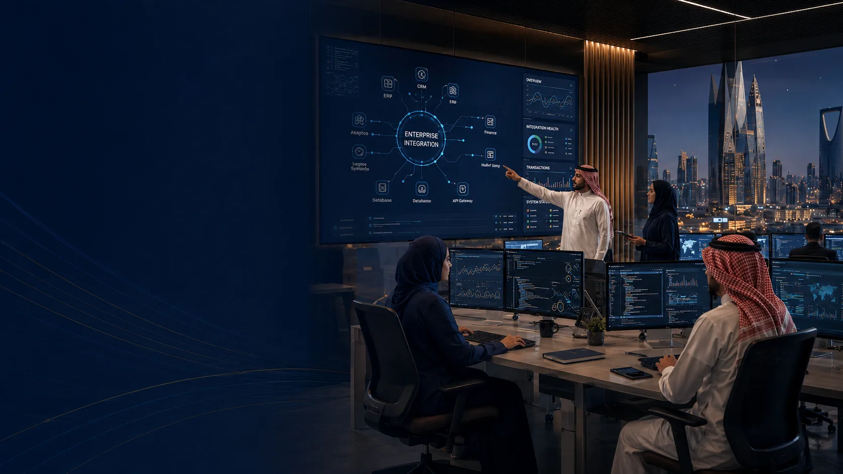 Saudi enterprise integration team operating a modern technology control room